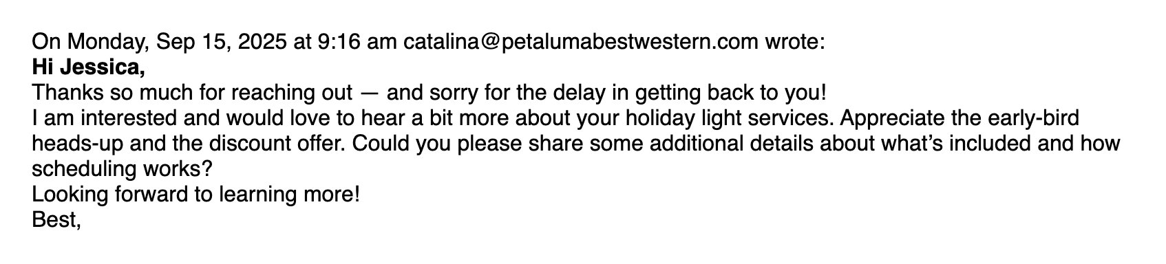 Best Western Petaluma Inn quote request email