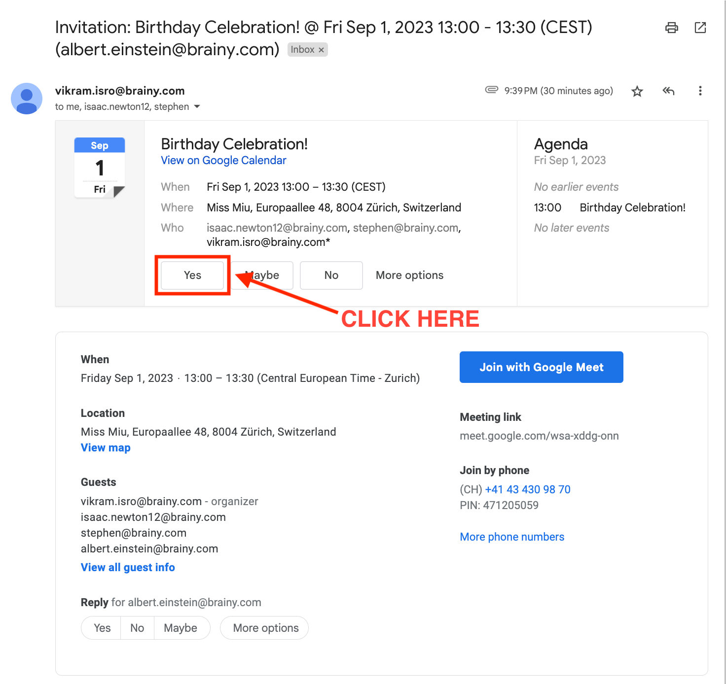 Example of calendar invite in your inbox — click Yes to confirm