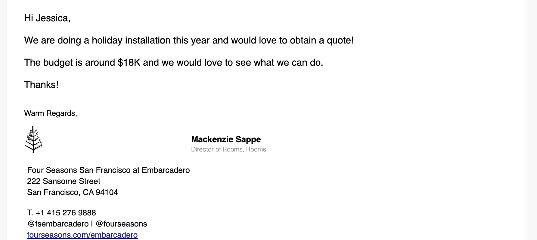 Four Seasons quote request email