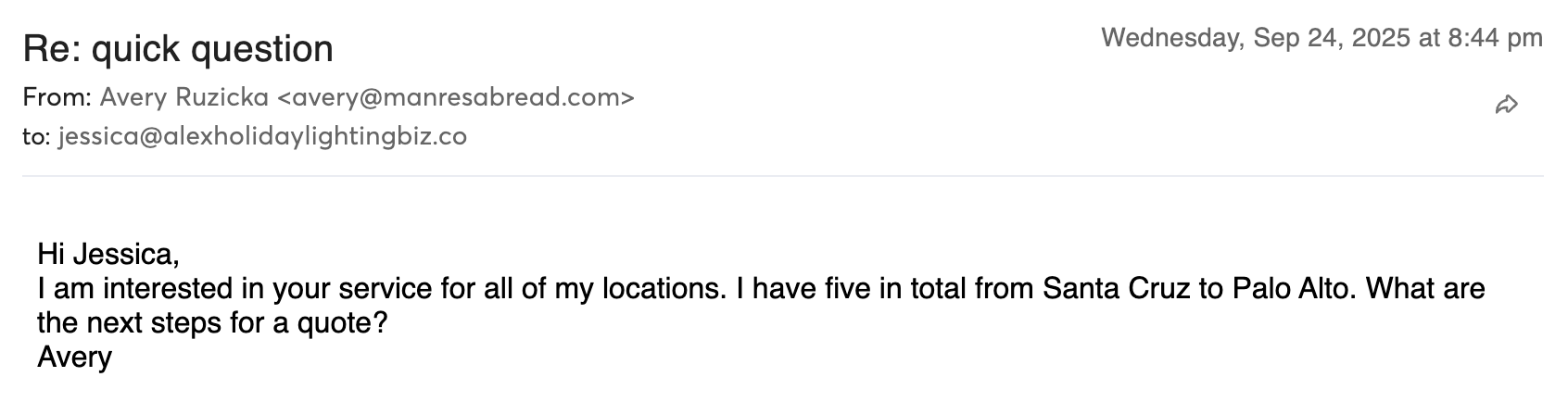 Manresa Bread quote request email