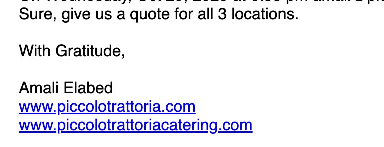 Piccolo Trattoria quote request email