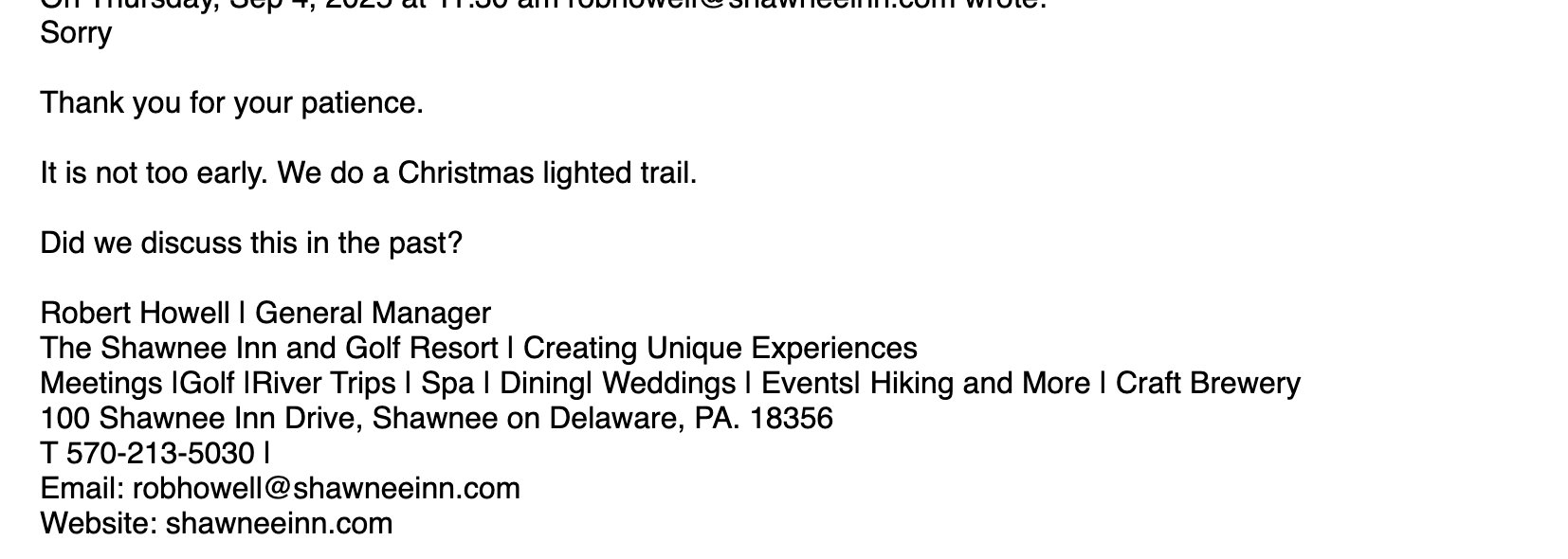 Shawnee Inn & Golf Resort quote request email